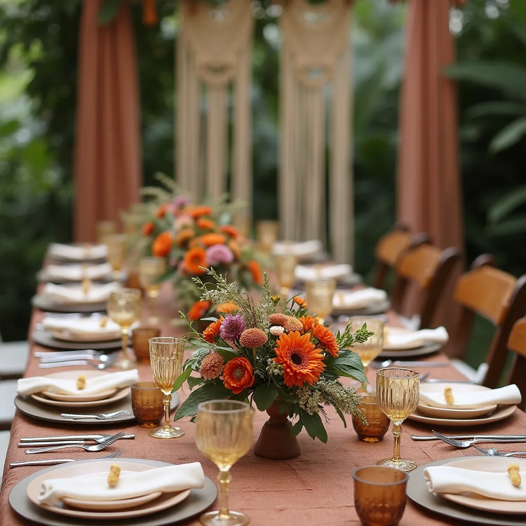 Concepto de mesa de banquete para una boda boho generado con IA
