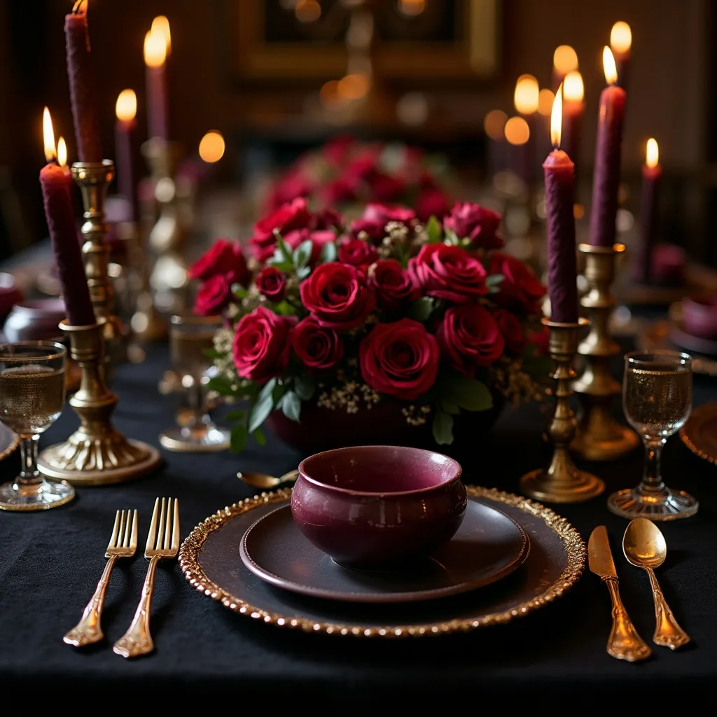 Concepto de mesa de banquete para una boda gótica generado con IA