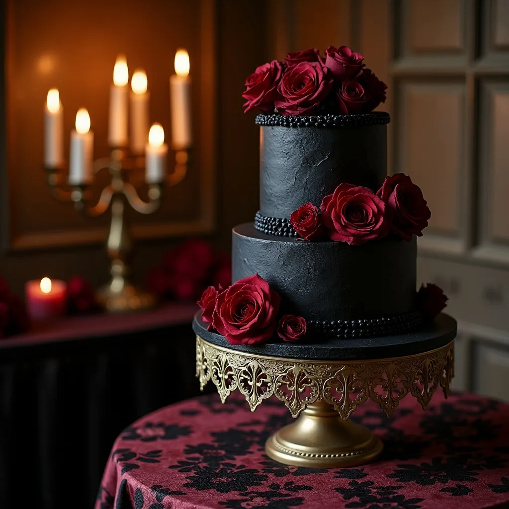 Concepto: La tarta para una boda gótica (IA)