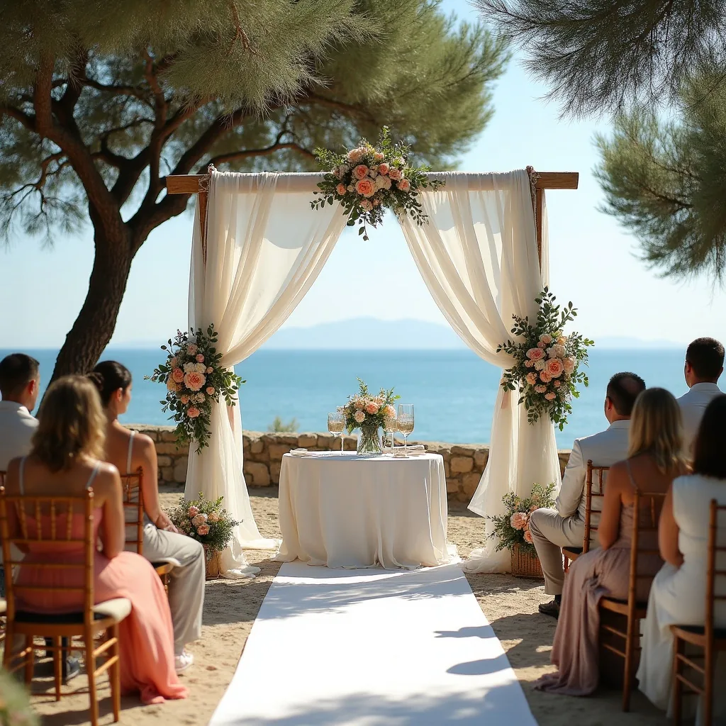 Concepto de Boda Mediterránea: Mar, olivos y lino blanco