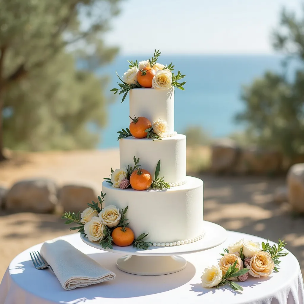 Concepto: La tarta para una boda mediterránea (IA)