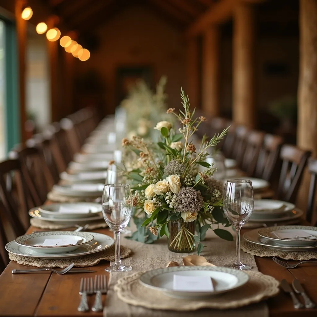 Concepto de mesa de banquete para una boda rústica generado con IA