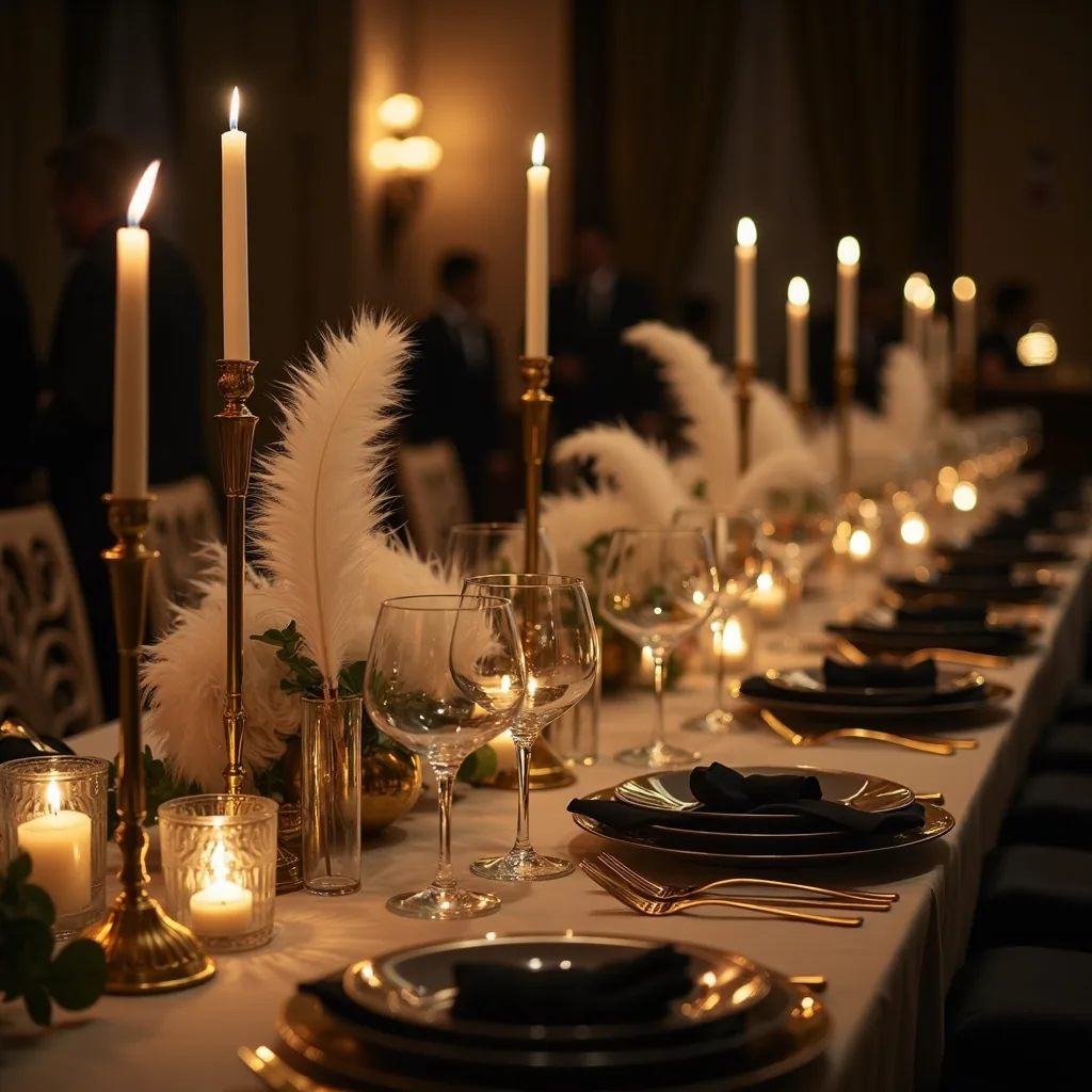 Concepto de mesa de banquete para una boda vintage años 20 generado con IA